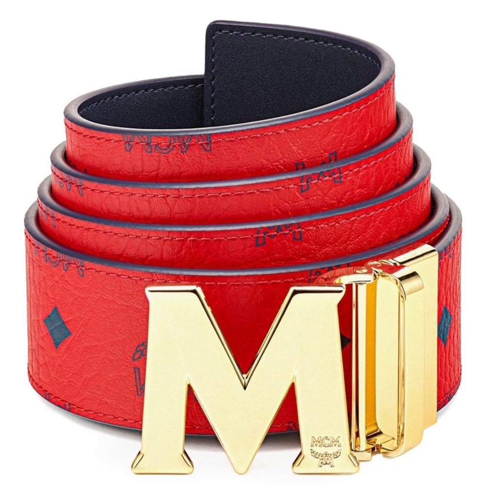 ⚡️MCM Claus M Reversible Leather/Visetos Belt 1.75”,Candy Red/Gold,OS,NWT